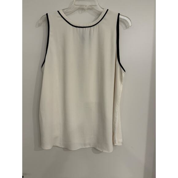 LOFT Contrast Trim Sleeveless Blouse | White Black Tie Neck Top | Size Large - Picture 6 of 6